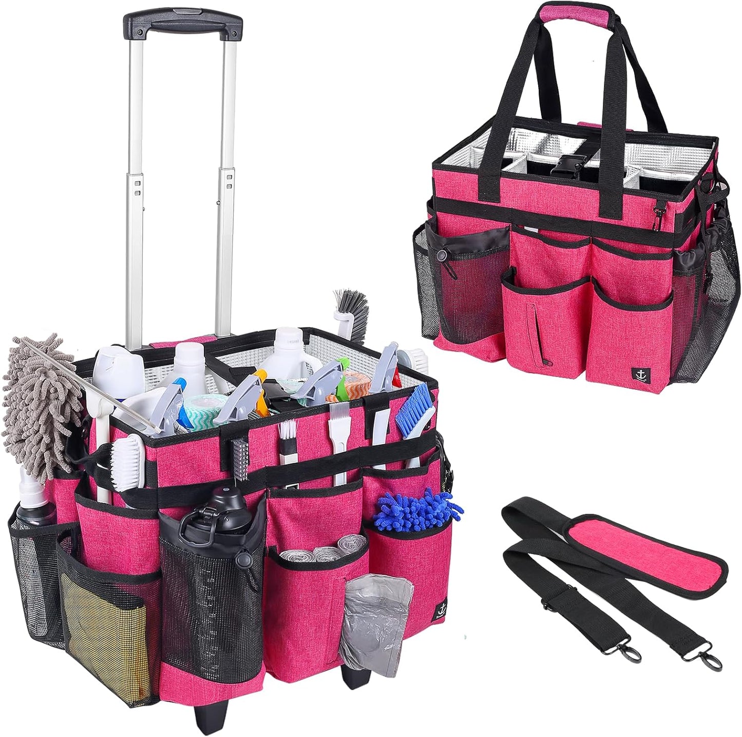 Extra Large Rolling Cleaning Caddy Bag with Detachable, Foldable Trolley Portable Cleaning Cart for