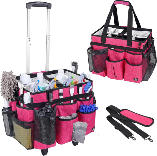 Extra Large Rolling Cleaning Caddy Bag with Detachable, Foldable Trolley Portable Cleaning Cart for
