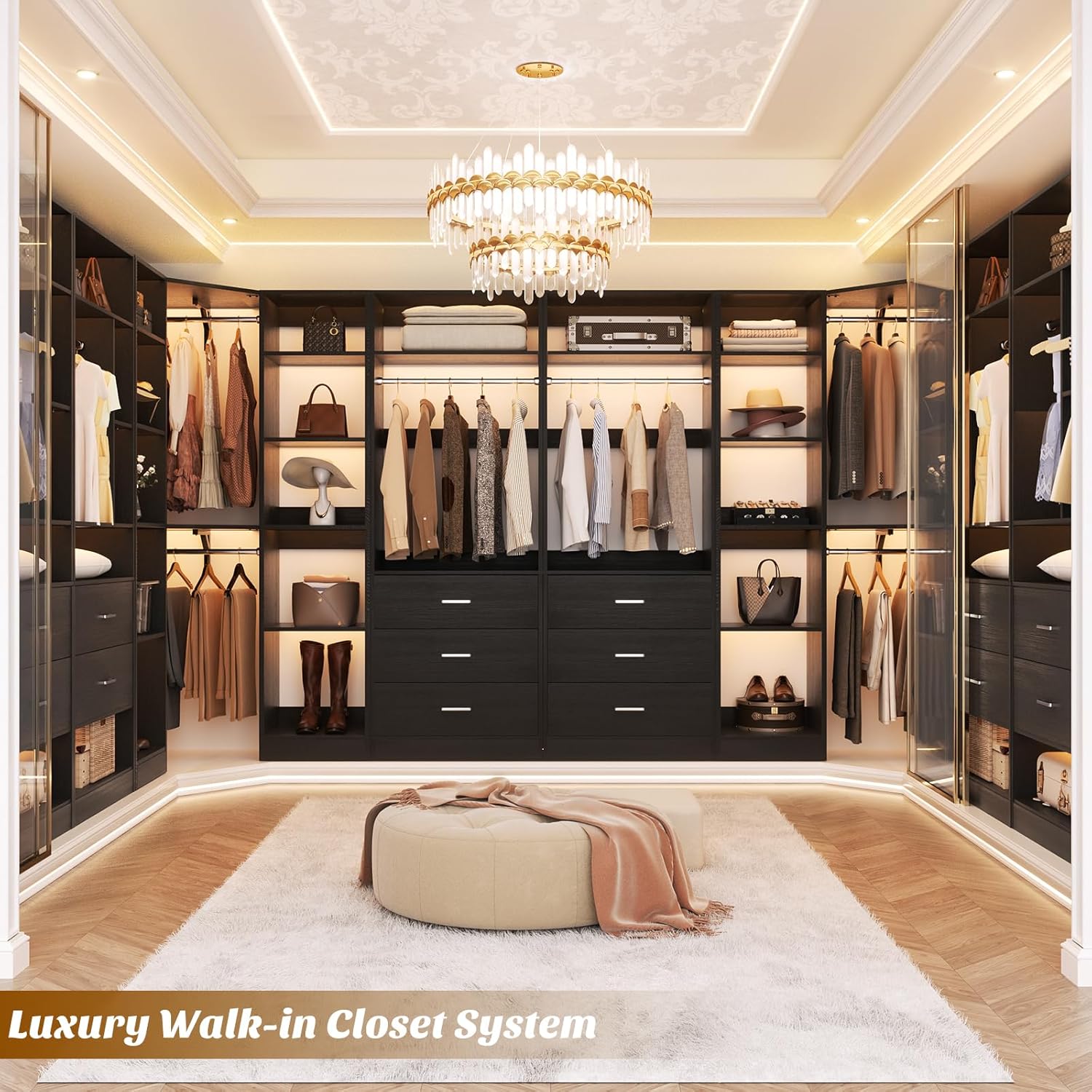 Corner Closet System with 5 Drawers, Closet Organizer System with 15+Shelvess & 4 Hanging Rods