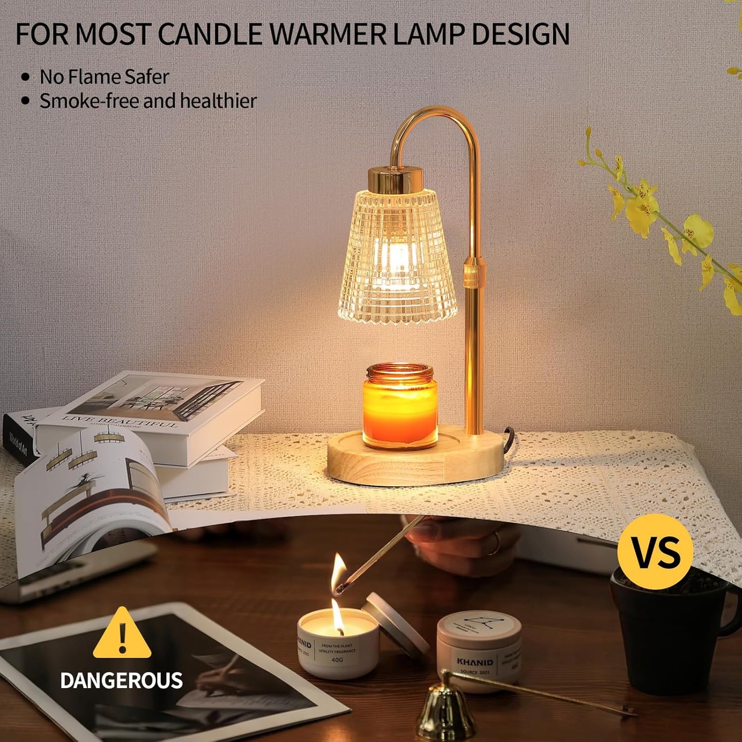 Gold Candle Warmer Lamp with Timer and Dimmer,Fragrance Electric Wax Melt Warmer with 2