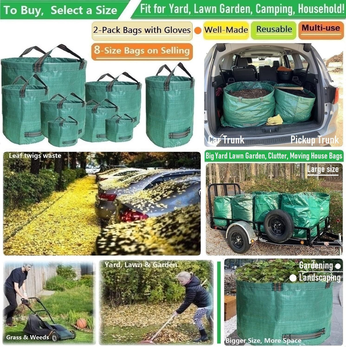 Professional 2-Pack 137 Gallon Lawn Garden Bags Large (D34,H34 inch) Yard Waste Bags w/Gardening
