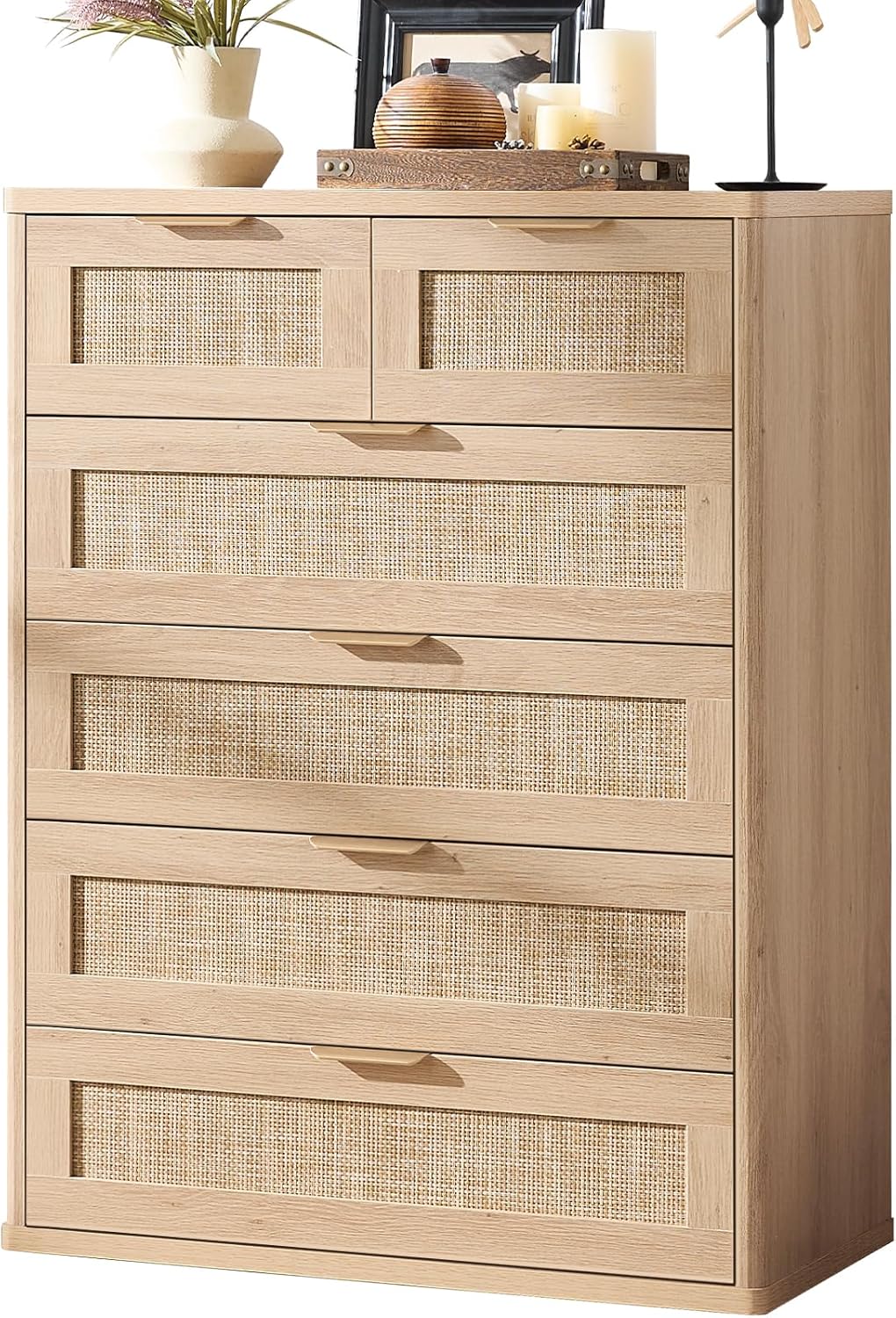 LEYAOYAO Rattan Dresser for Bedroom, 42" Tall Chest of Drawers, Modern 6 Drawers Boho Dressers with