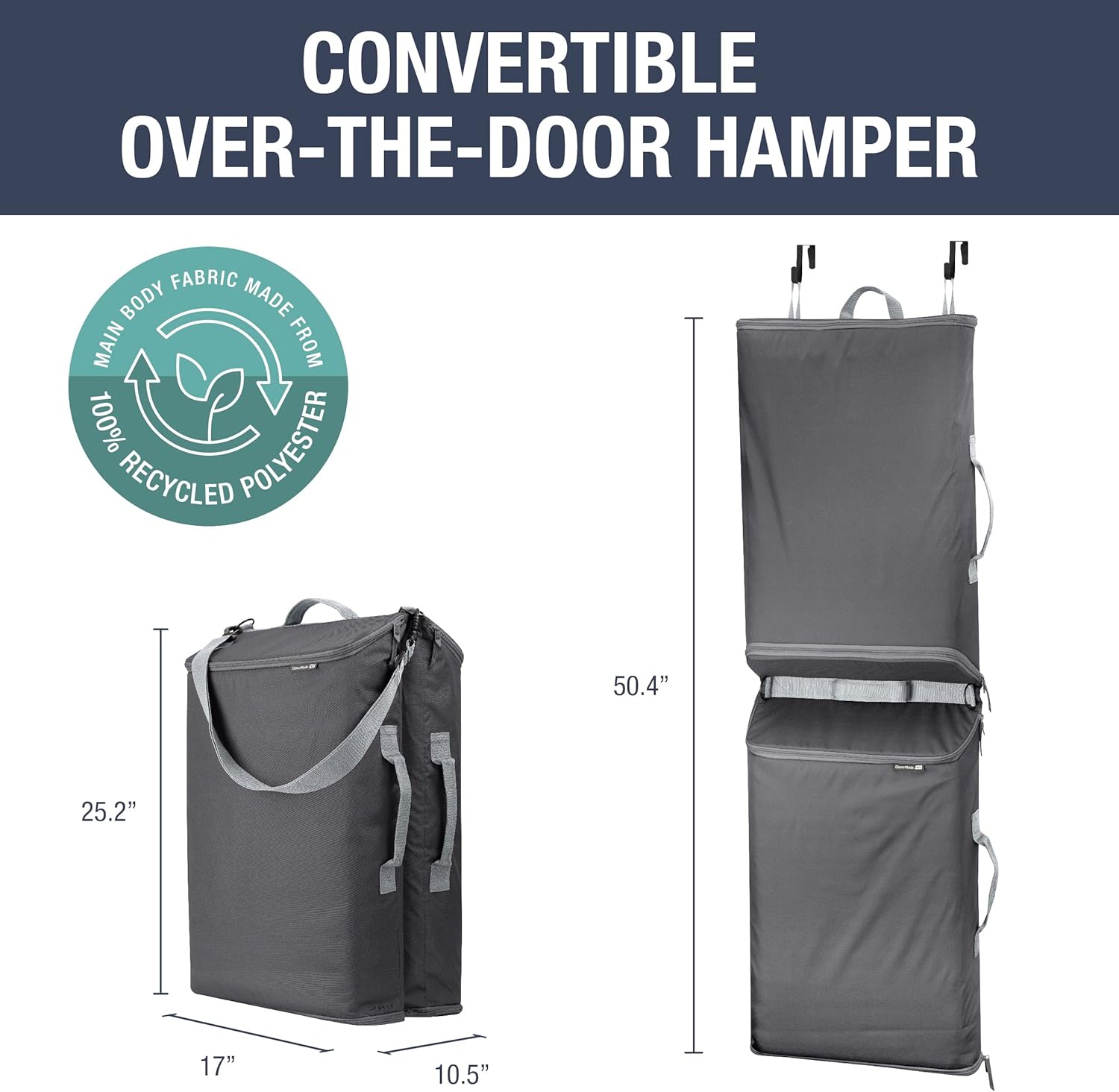 CleverMade Convertible Laundry Hamper Bag - Shadow Gray Stone holds 43L / 40 lbs 2 Compartments