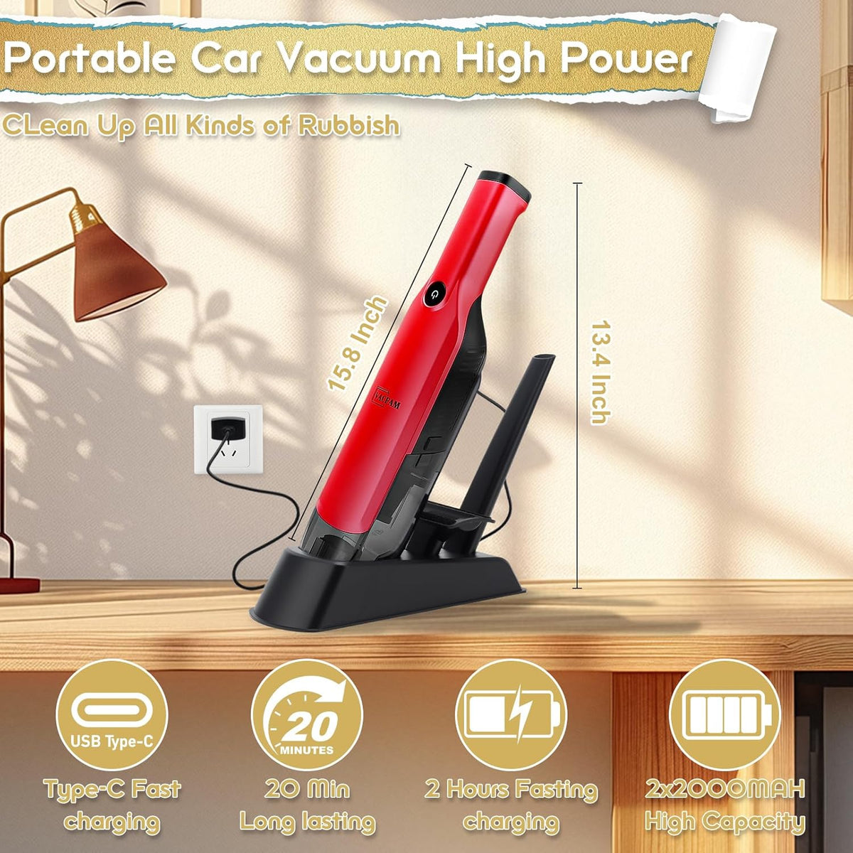 Handheld Vacuum Cordless,15KPA High Power Suction,USB Quick Charge,Car Vacuum Cleaner with Storage