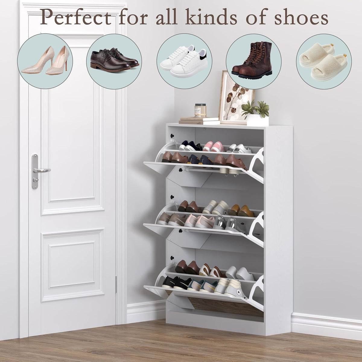 Shoe Cabinet with 3-Flip Mirror Drawers, Freestanding Shoe Rack Organizer with Hidden Handle, Slim