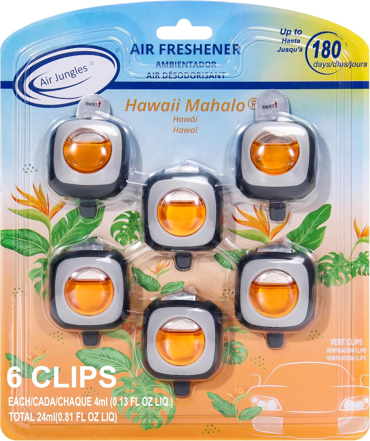 Air Jungles Hawaiian Scent Car Air Freshener Clip, 6 Vent Clips, 4 ml Each, Long Lasting Air