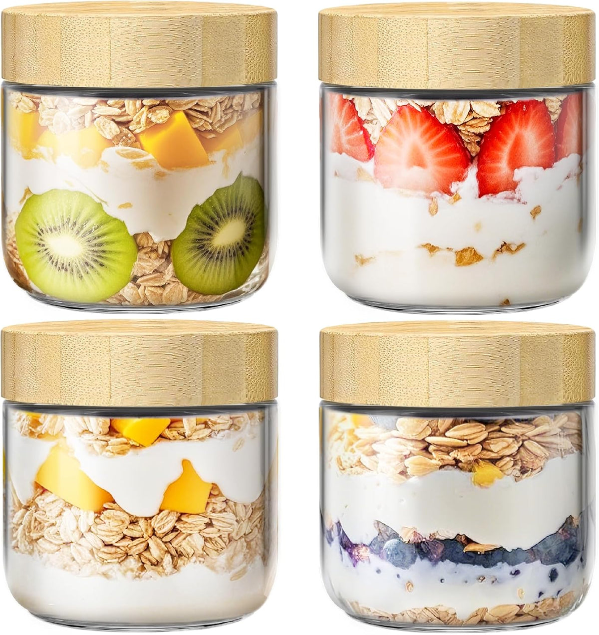 4 Pack 10oz Overnight Oats Containers with Bamboo Lids, Glass Jars with Airtight Lids for Meal