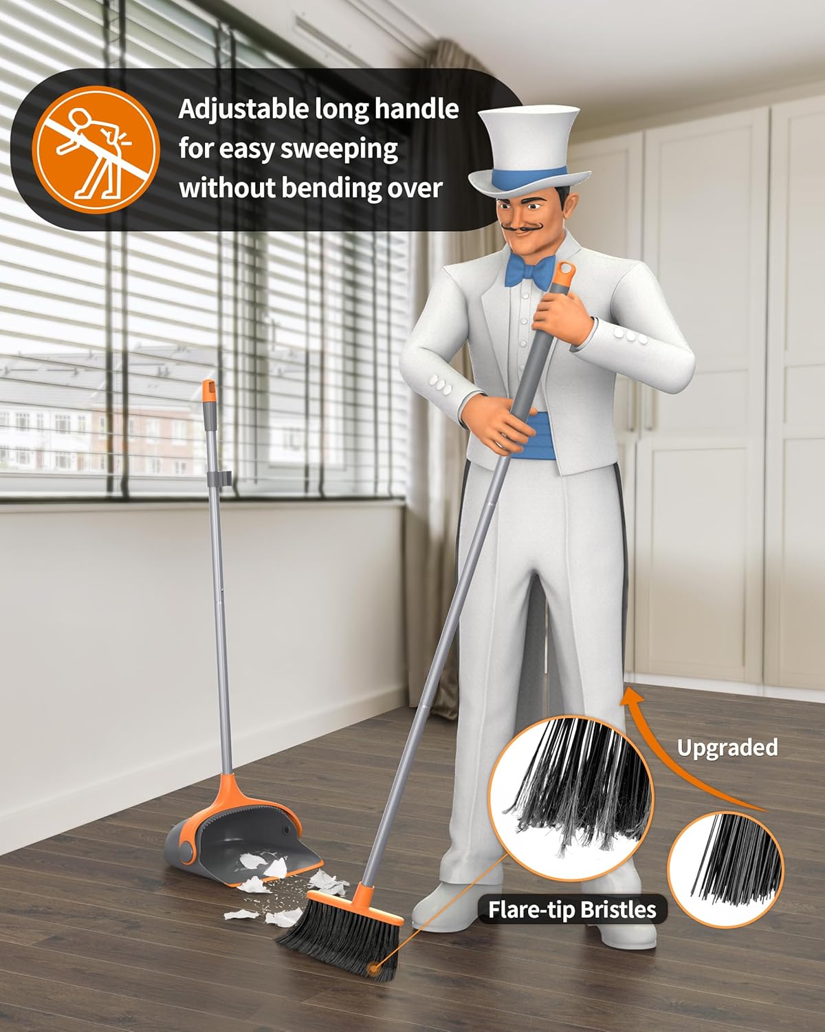 MR.SIGA Broom and Dustpan Set with Long Handle, Stand Upright Broom with Dustpan Combo for Cleaning