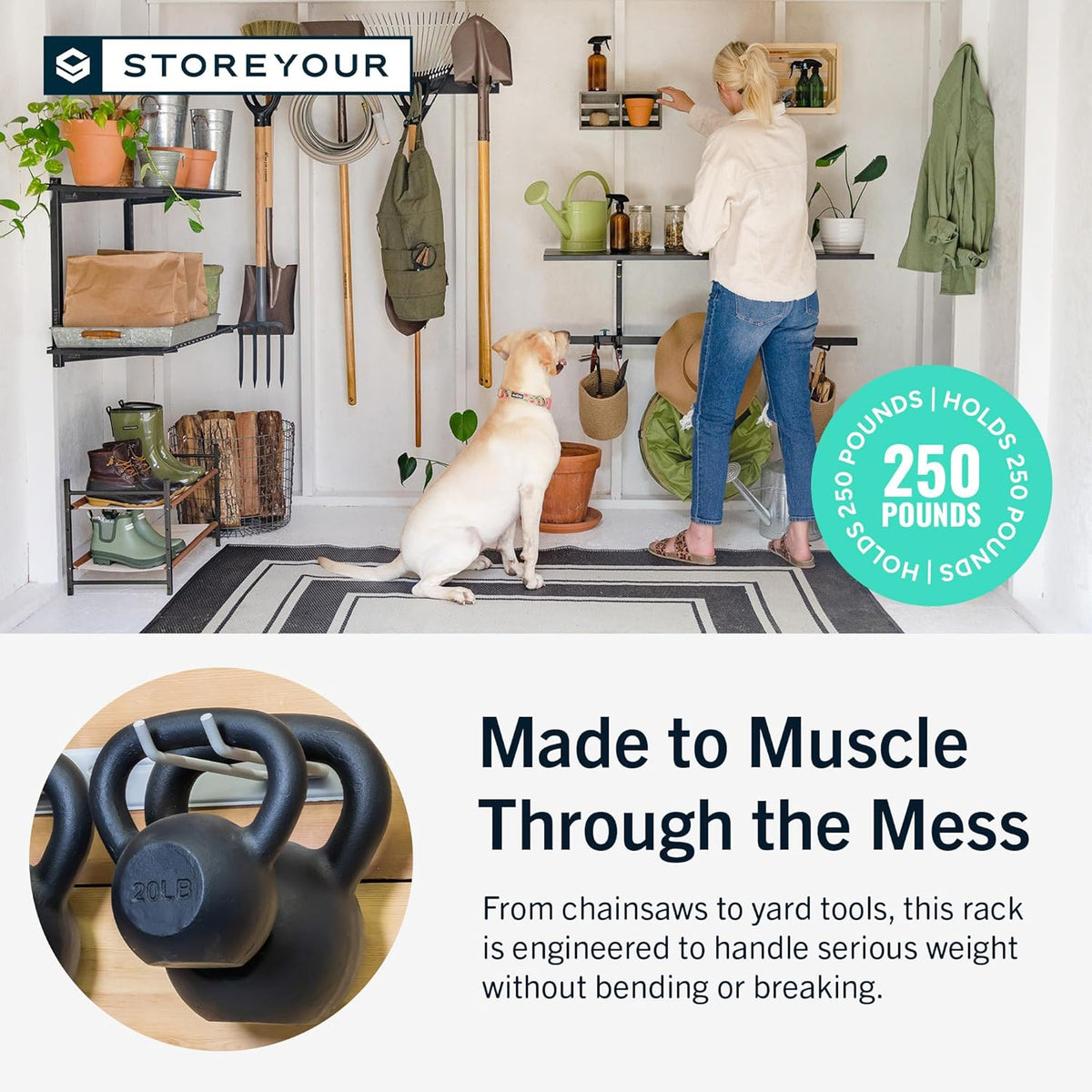 StoreYourBoard Wall-Mounted Rack With 4 Garage Hooks – Heavy-Duty Steel Holder Garage & Garden