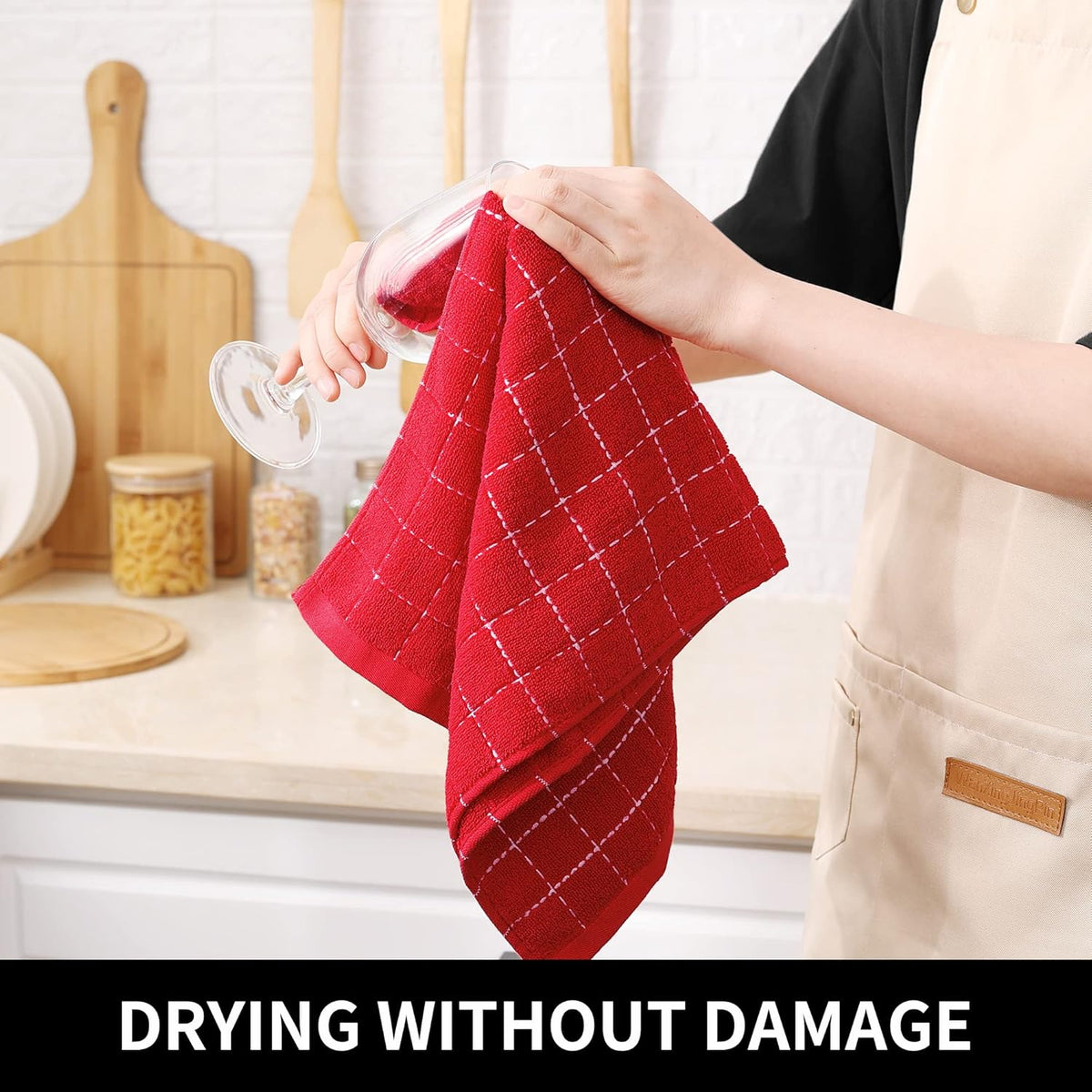 Homaxy 100% Cotton Terry Kitchen Towels(Red, 13 x 28 inches), Checkered Designed, Soft and Super