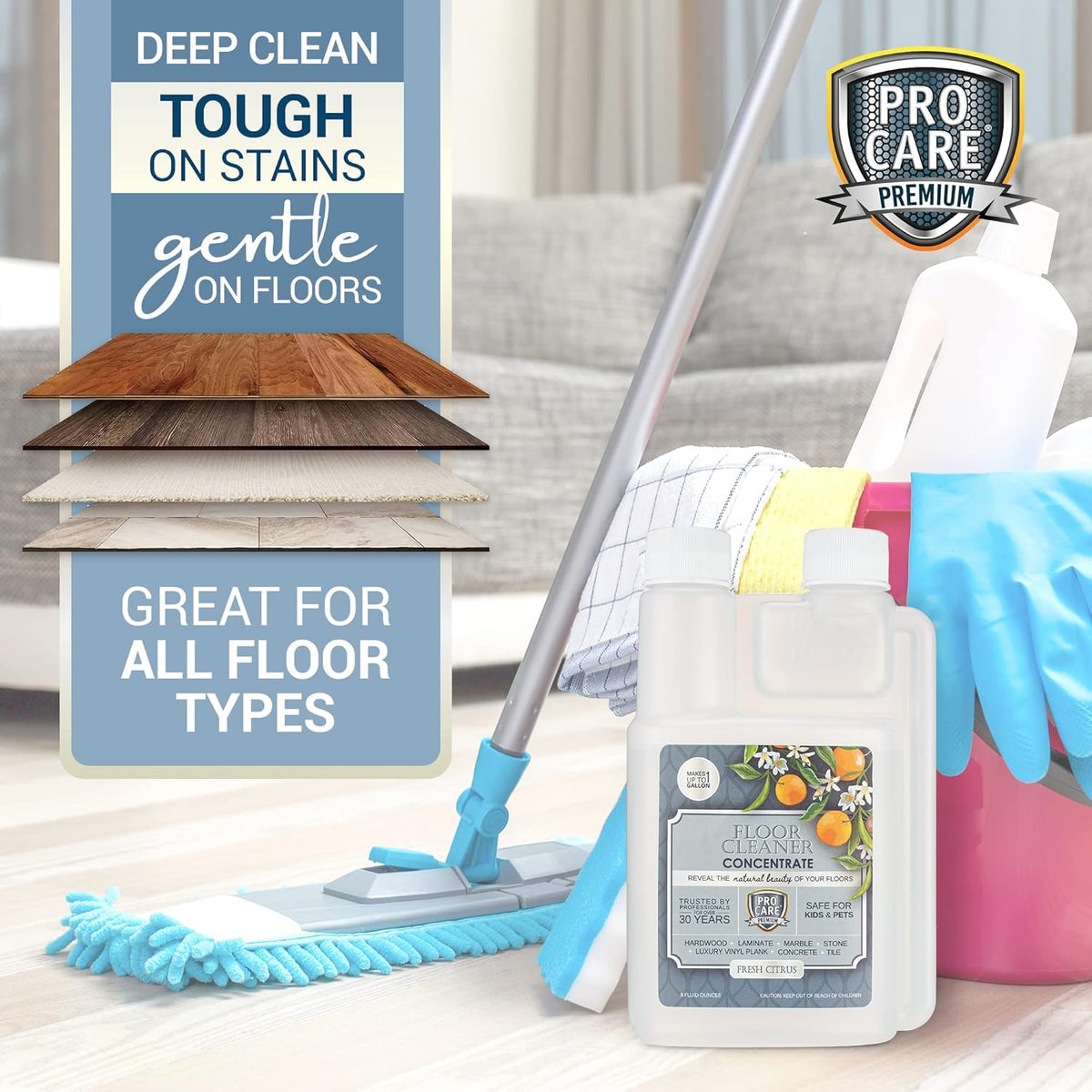ProCare Citrus Floor Cleaner Concentrate (Made in USA) | Vinyl, Wood, Tile, Stone & Laminate Floor