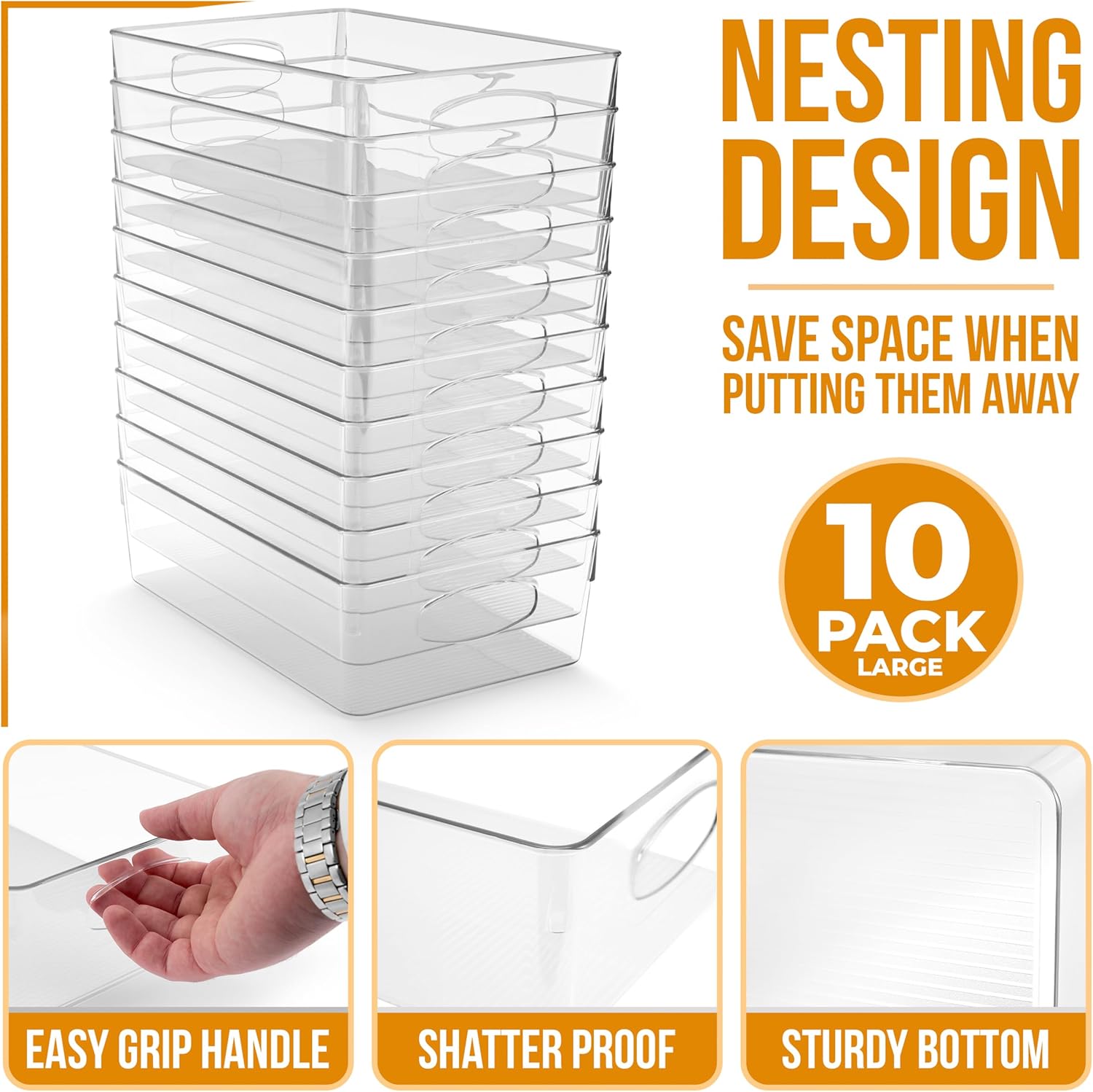 Sorbus Large Clear Plastic Storage Bins, 10 Pack Clear Organizer Bins with Handles, Plastic Storage