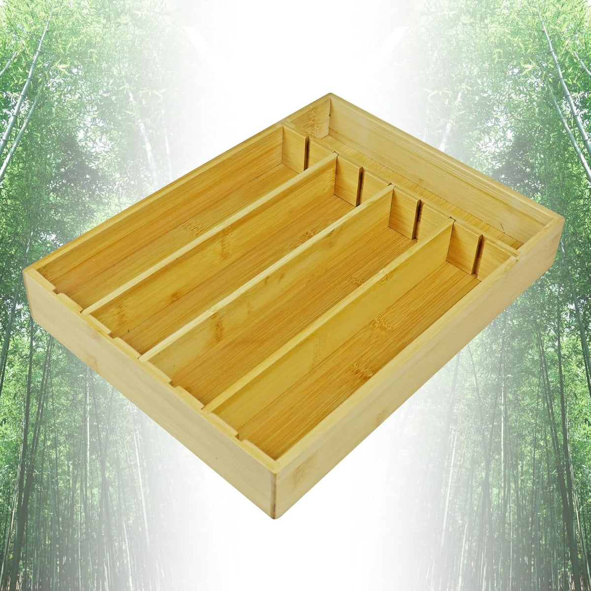 Kitchen Bamboo Drawer Organizer - 5 Slots Total Silverware Organizer for Flatware, Cutlery &