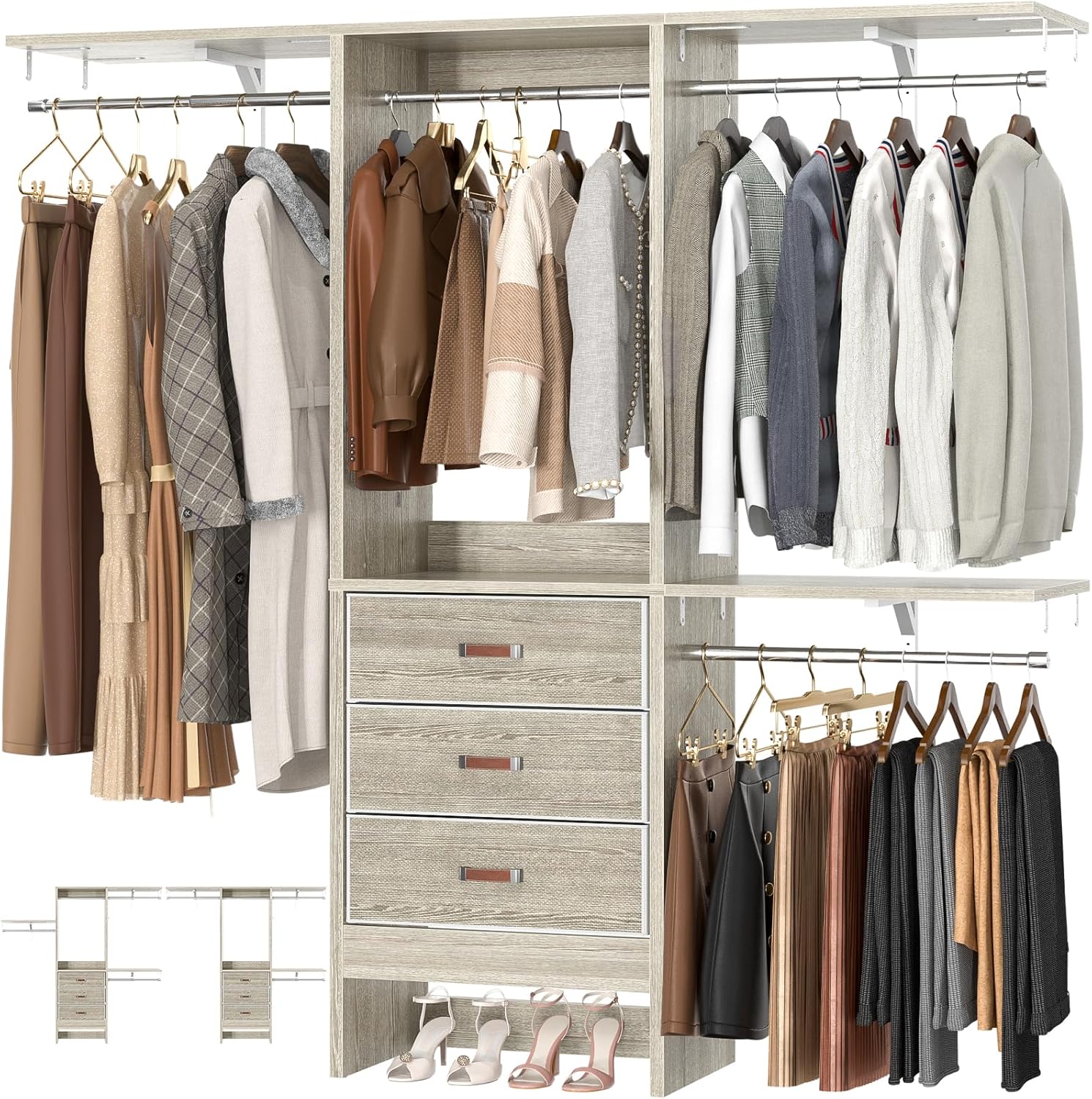 Armocity 5FT Small Closet System with 3 Fabric Drawers, 60'' Walk In Closet Organizer System With 3