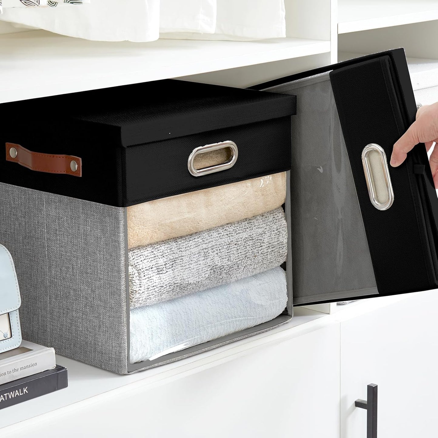 Fabric Storage Cubes with Clear Windows and Lids, 13'' Foldable Storage Bins with 3 Handles