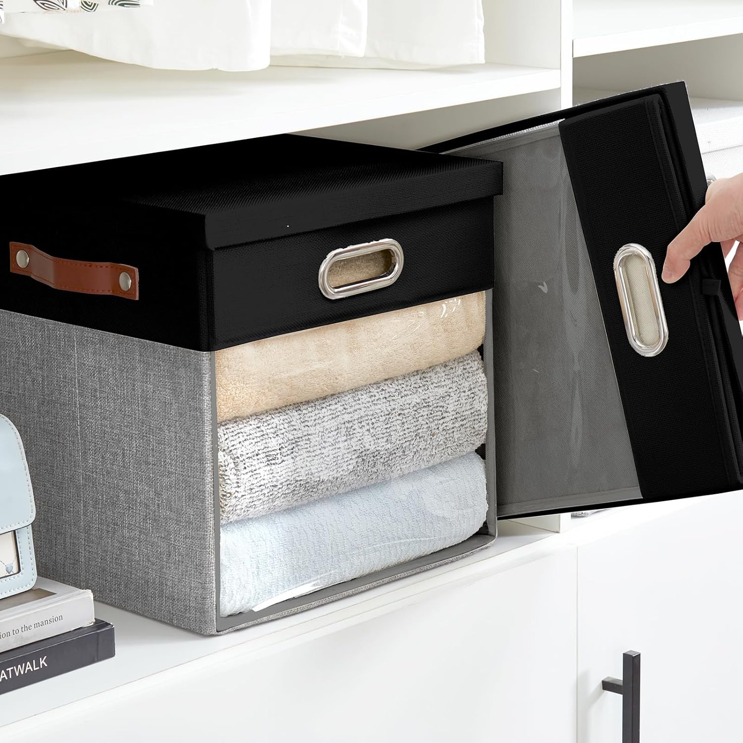 Fabric Storage Cubes with Clear Windows and Lids, 13'' Foldable Storage Bins with 3 Handles