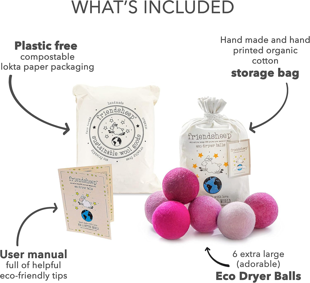 Friendsheep Wool Dryer Balls 6 Pack XL Organic Premium Reusable Cruelty Free Handmade Fair Trade No