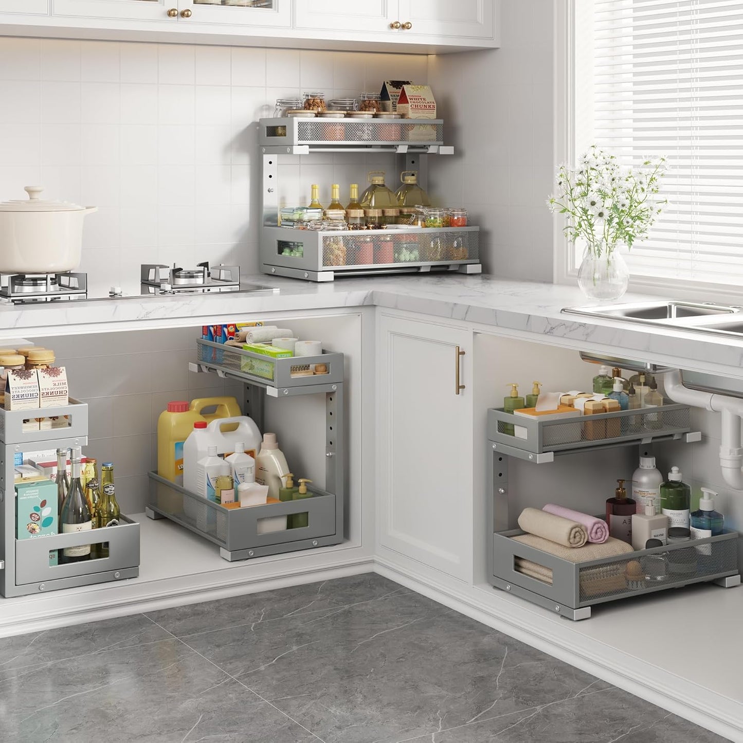 2-Pack Under Sink Storage Organizer, Large 2-Tier Elegant Mesh Pull Out Shelf for Kitchen and