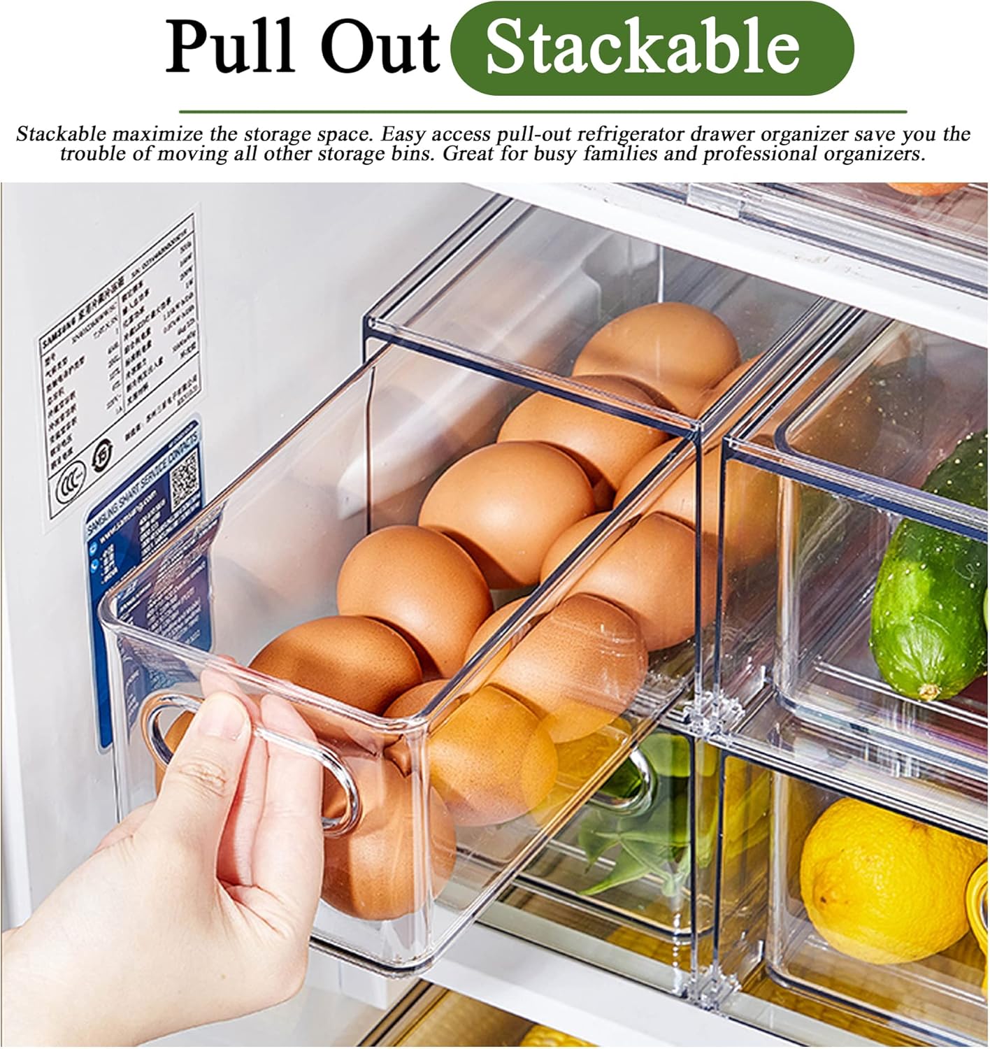bealy 3 Pack Fridge Organizer and Storage,Clear Storge Bins with Pull-out Drawer, Fridge Drawers