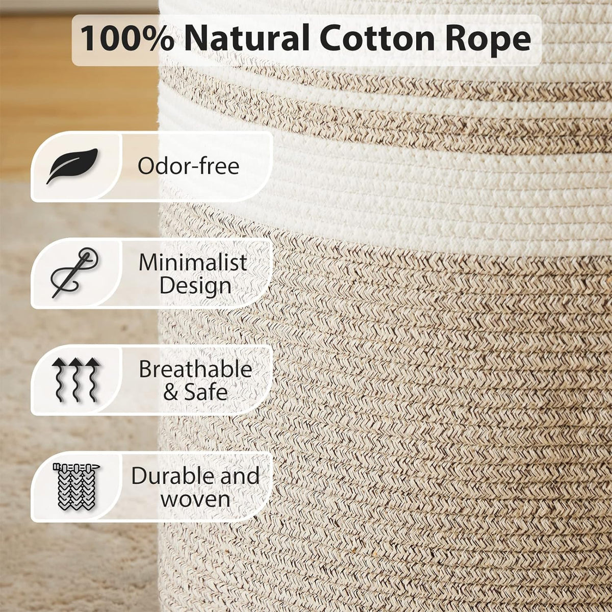 Fiona's magic 72L Large Woven Laundry Hamper, Tall Cotton Rope Storage Basket, Jute Baby Nursery
