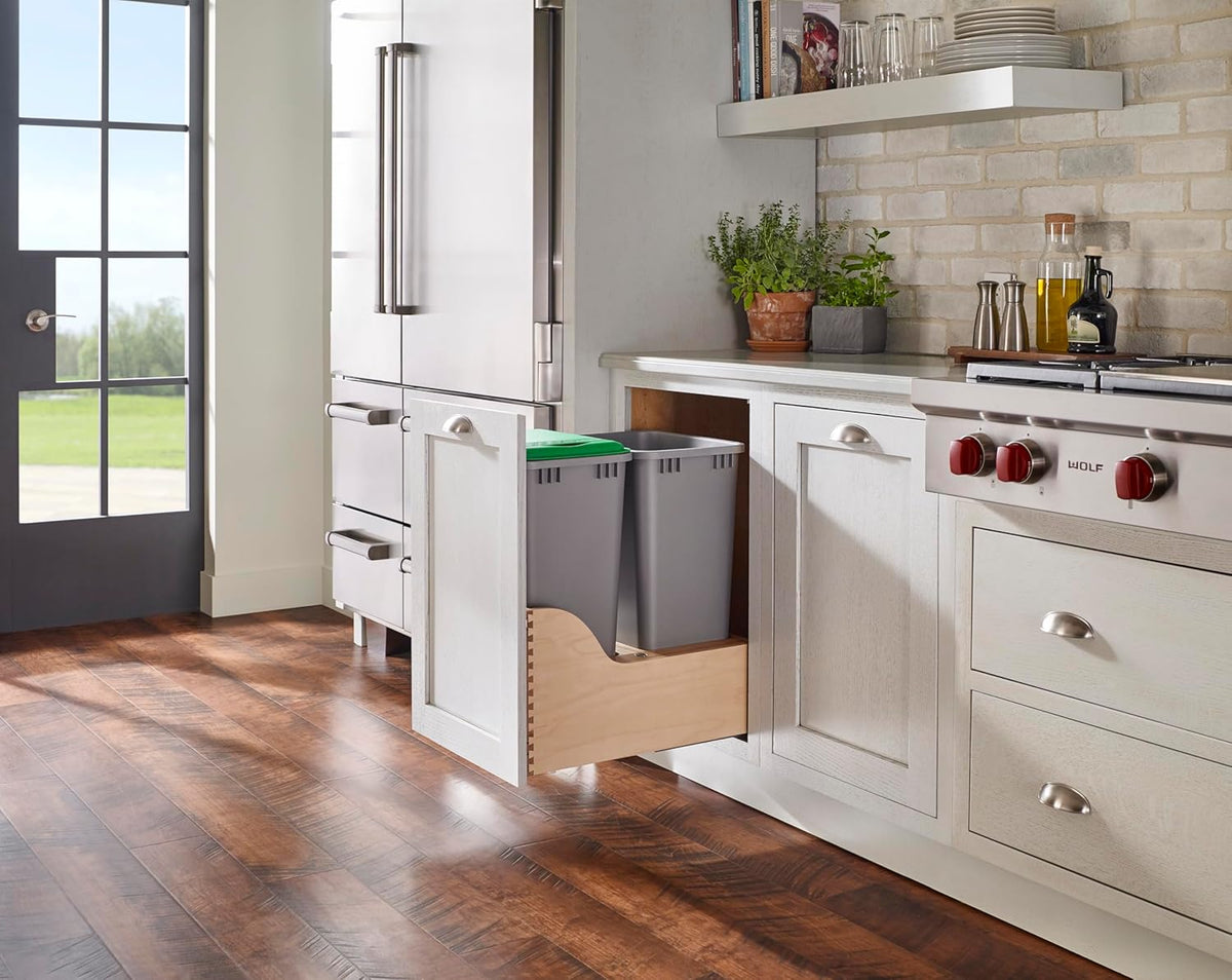 Rev-A-Shelf Pullout Trash Cans for Kitchen Cabinet, Dual 50 Qt Bins with 18" Wood Frame - Large