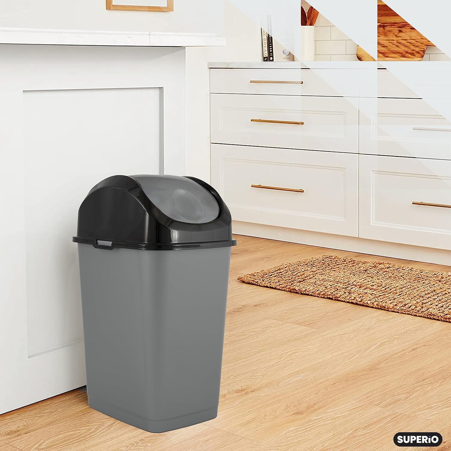 Superio Trash Can with Swing Top Lid 9 Gallon, Grey and Black Slim Waste Bin Durable Plastic 37 Qt