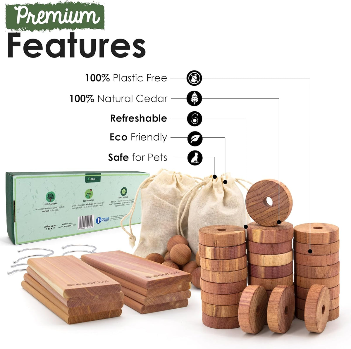ecoKiwi Cedar Blocks for Clothes Storage Mega Bundle Box - Cedar Hangers x20, Balls x75 & Rings