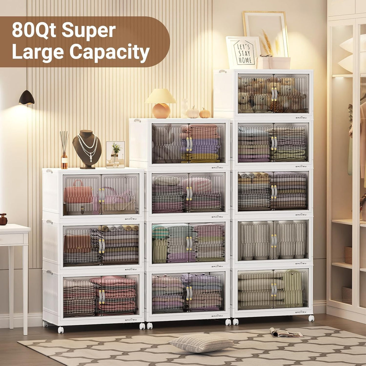 BROVIEW 320Qt Stackable Storage Bins with Lid, Extra Large Closet Organizer Collapsible Drawer