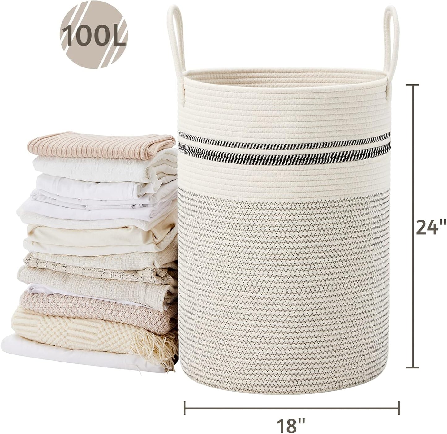 VIPOSCO Large Laundry Hamper, Tall Woven Rope Storage Basket for Blanket, Toys, Dirty Clothes in