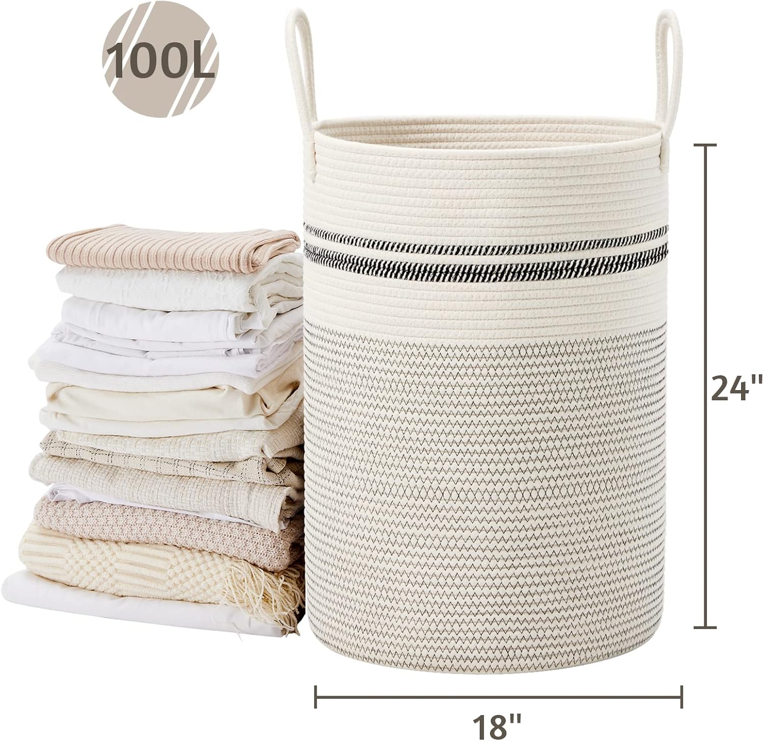 VIPOSCO Large Laundry Hamper, Tall Woven Rope Storage Basket for Blanket, Toys, Dirty Clothes in