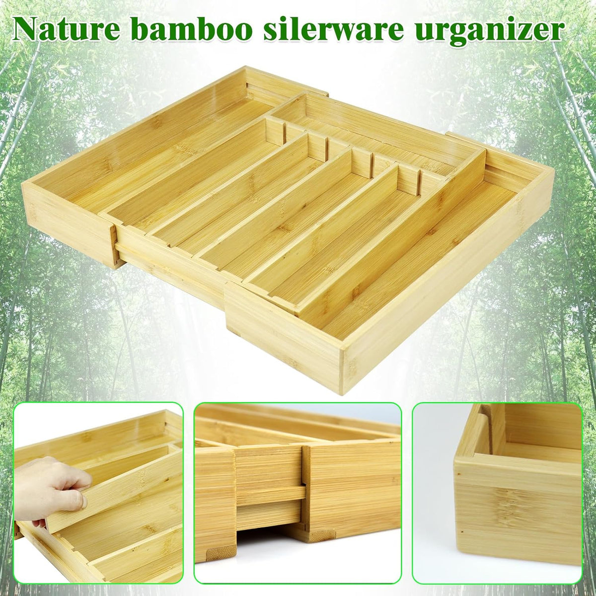 Kitchen Bamboo Silverware Drawer Organizer - Expandable Utensil Organizer for Flatware, Adjustable