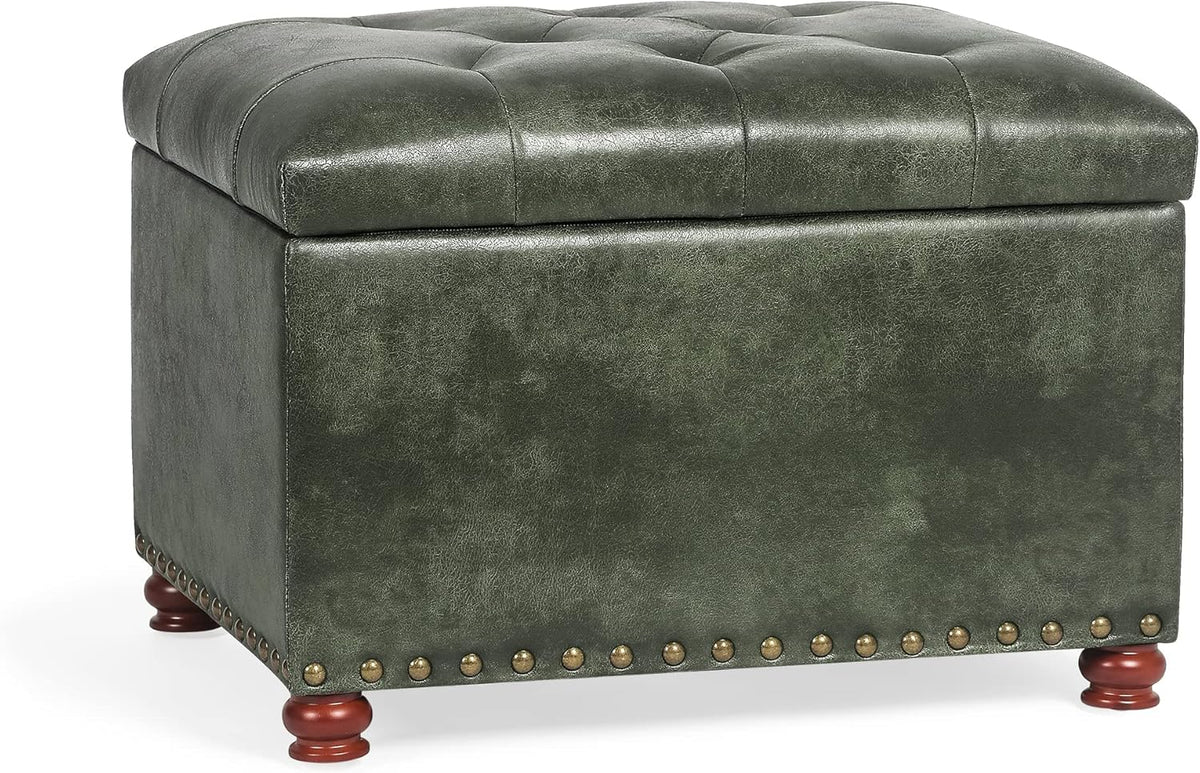 24'' Leather Ottoman with Storage Rectangle Foot Rest Ottomans Stool for Living Room(Green,Leather