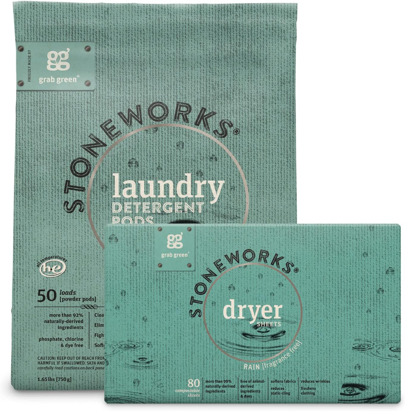 Grab Green Stoneworks Laundry Detergent Pods and Dryer Sheet Bundle, 50 Count Pods and 80 Dryer