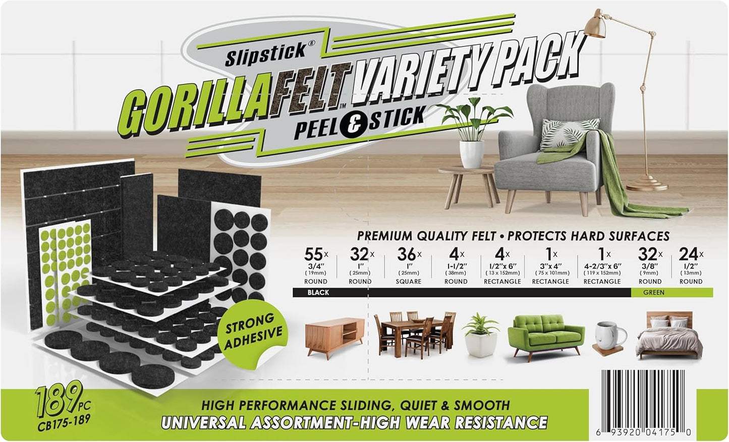 Slipstick Gorilla Felt Furniture Pads (189 Piece Variety Pack) Premium Furniture Pads & Chair Leg