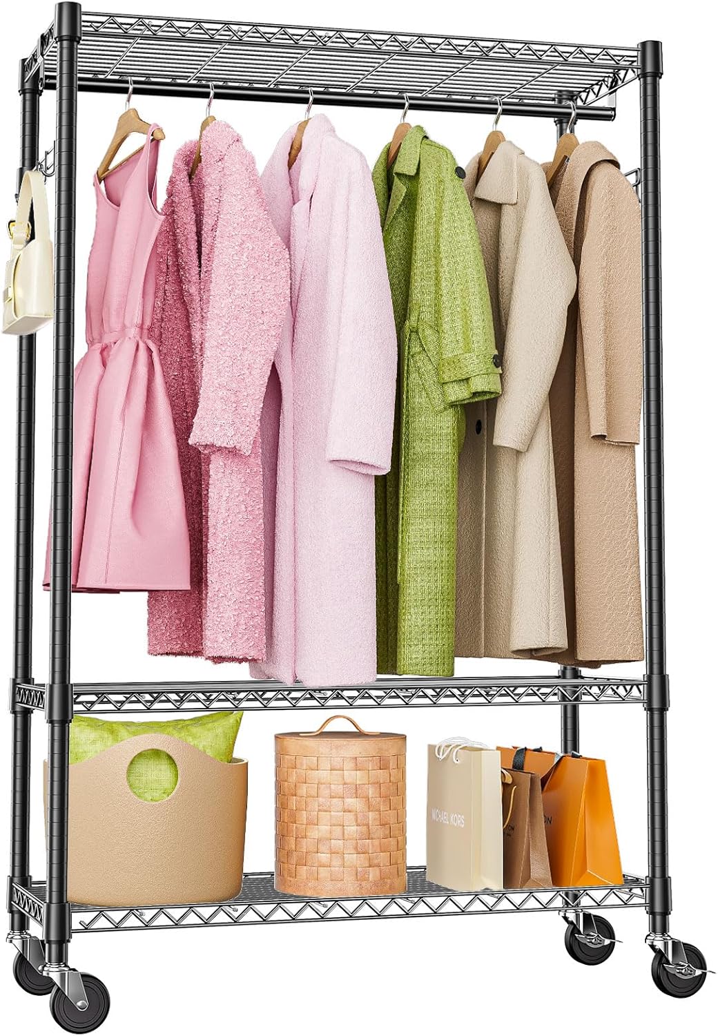 Heavy Duty Rolling Garment Rack 3 Tiers Adjustable Wire Shelving Clothes Rack with 1 Rods and Side