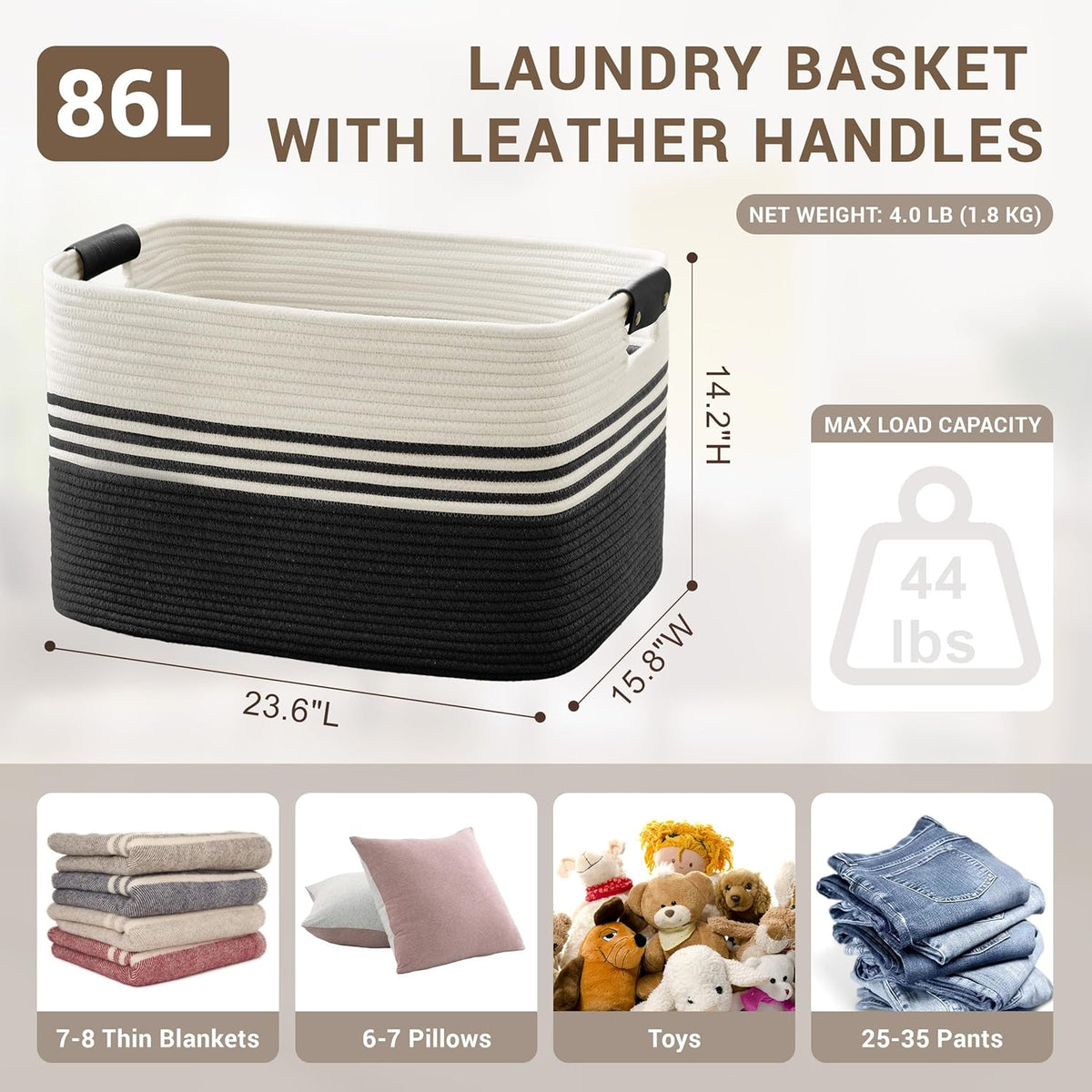 86L Extra Large Laundry Basket with Leather Handles for Living Room Storage, Woven Rope Baskets for