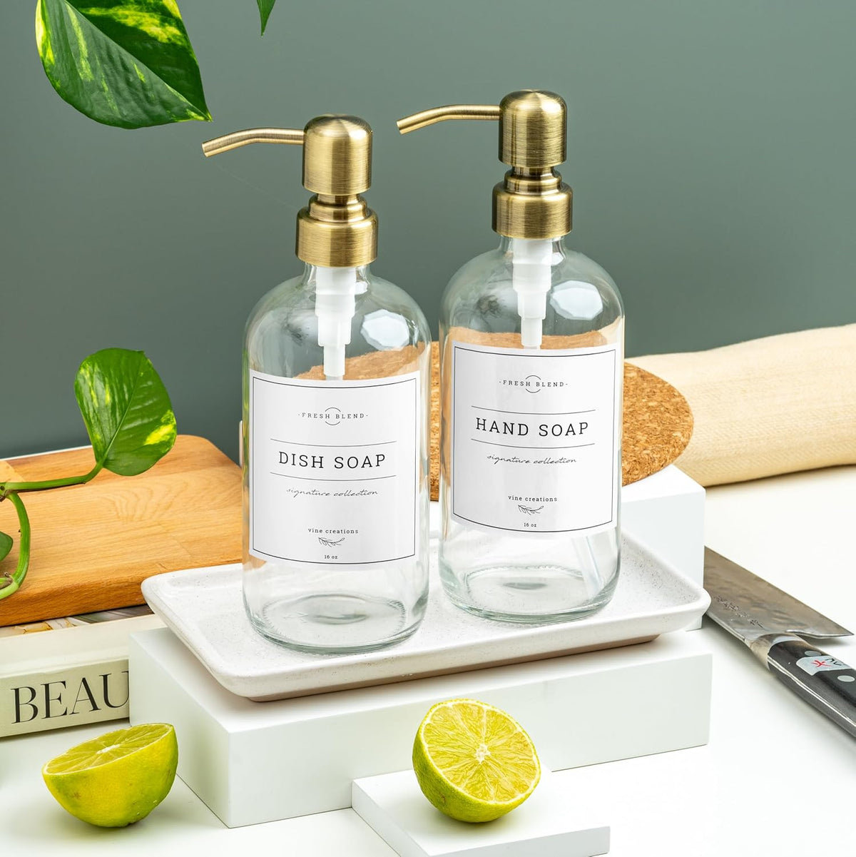 Vine Creations Glass Soap Dispenser, 2 Pack Kitchen Soap Dispenser Set with Ceramic Tray, Stainless