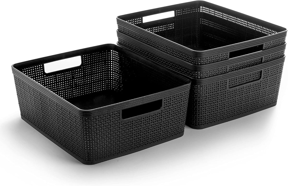 BINO | Woven Plastic Basket | Medium (Black), 4-Pack | THE JUTE COLLECTION | Home Organization
