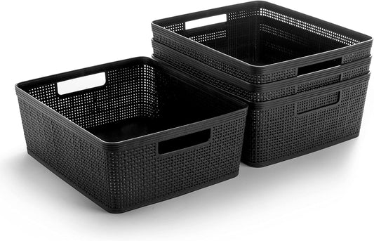 BINO | Woven Plastic Basket | Medium (Black), 4-Pack | THE JUTE COLLECTION | Home Organization