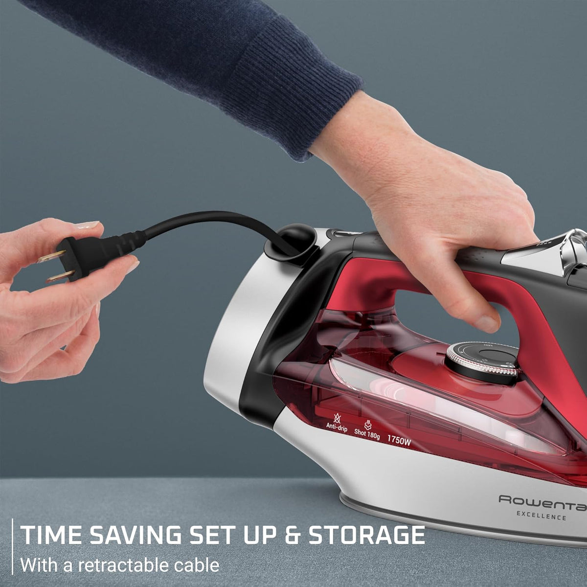 Rowenta Iron, Focus Excellence Stainless Steel Soleplate Steam Iron for Clothes, Retractable Cord