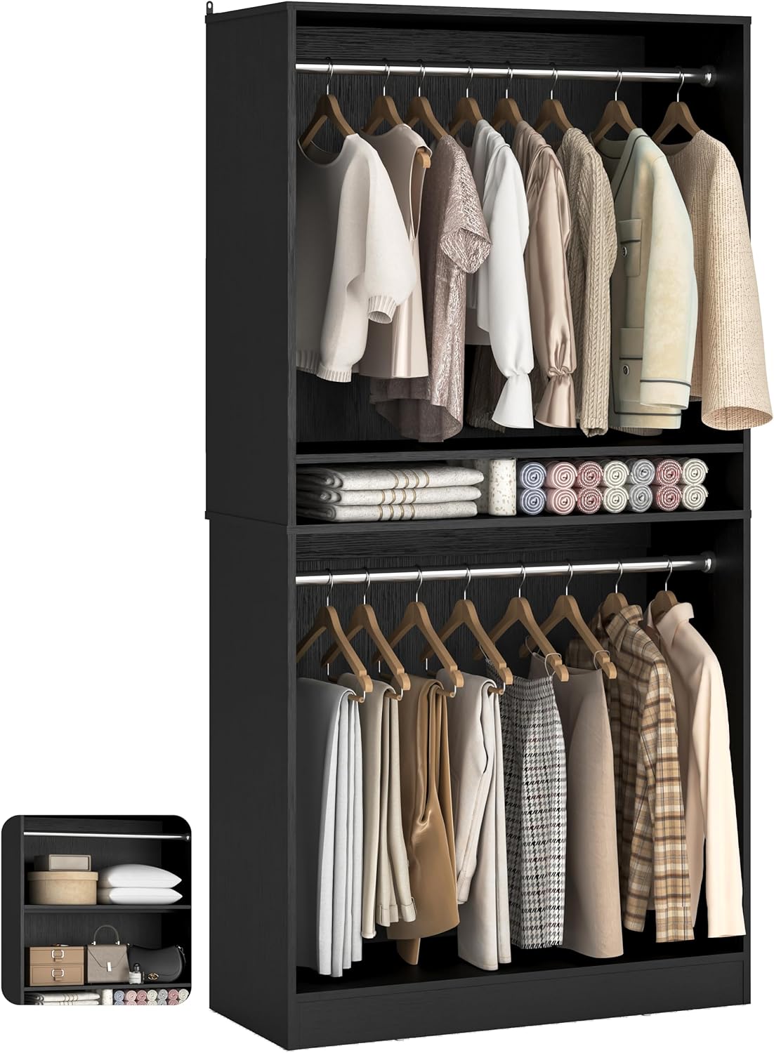 Unikito 3FT Freestanding Closet System with 2 Hanging Rods & Adjustable Shelve, 36'' Wood Closet