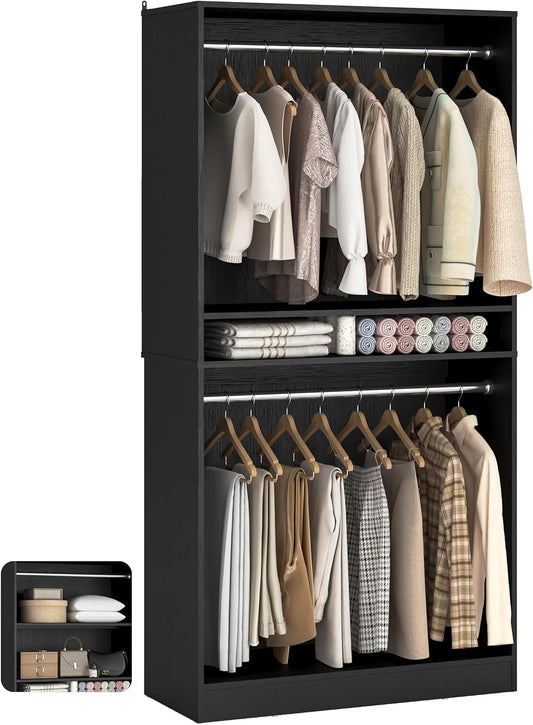 Unikito 3FT Freestanding Closet System with 2 Hanging Rods & Adjustable Shelve, 36'' Wood Closet