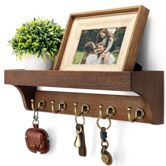 Rebee Vision Key Holder Wall Mount with 5 Hooks for Entryway, Retro Brown