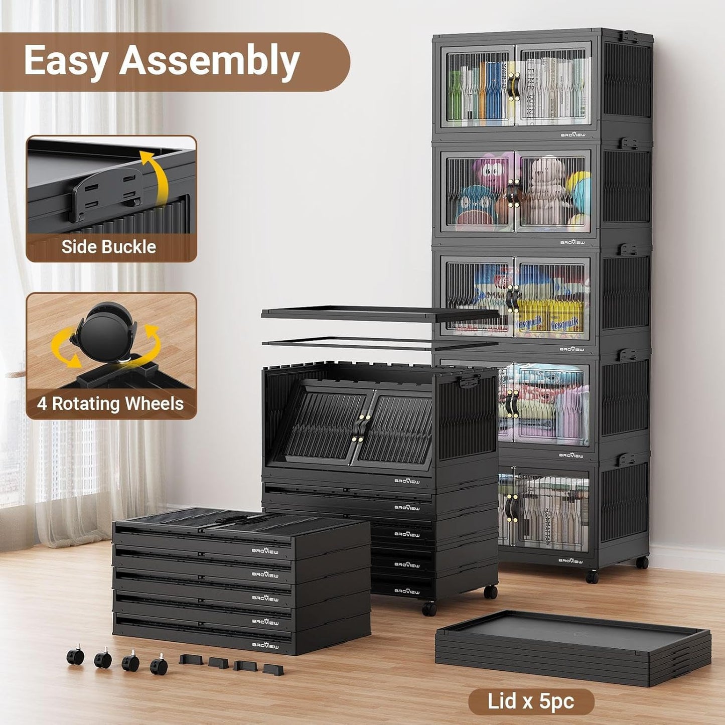 BROVIEW 480Qt Stackable Storage Bins with 4 Lids, Extra Large Closet Organizer Collapsible Drawer