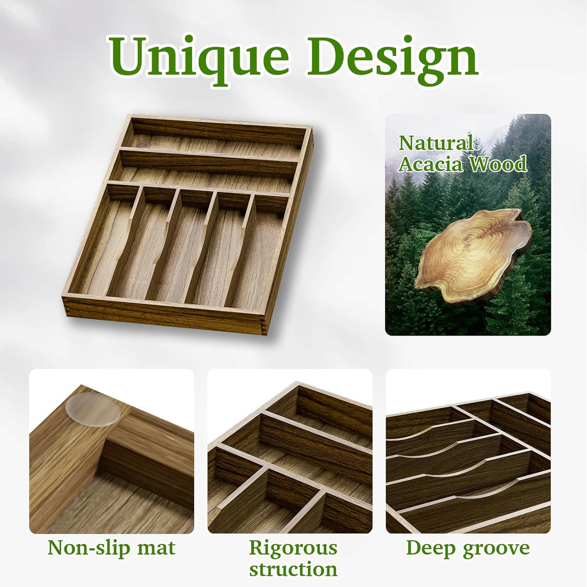 Acacia Wood Silverware Drawer Organizer, Kitchen Utensil Cutlery Drawer Organizer with Grooved