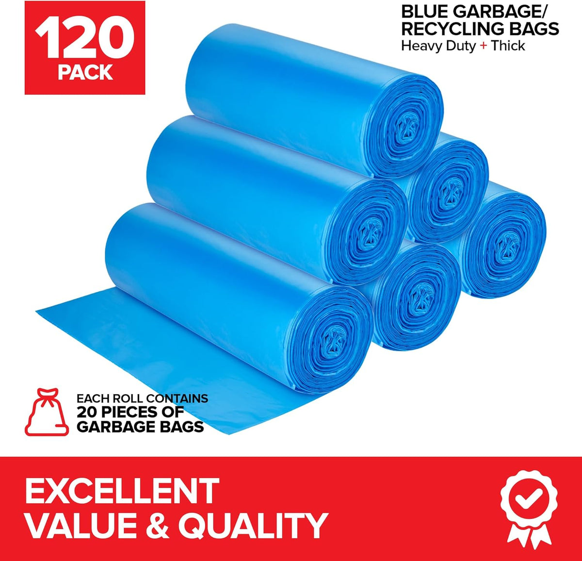 Heavy-Duty Blue Recycling Bags, 120-Pack Blue Garbage Bags For Recycling | 33-Gallon Capacity|