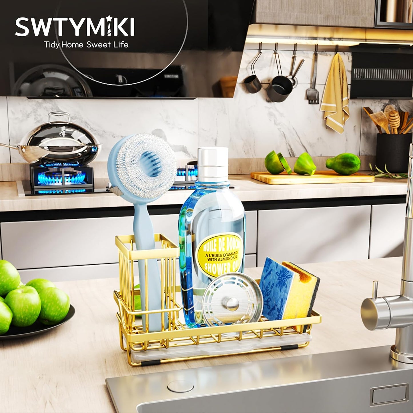 SWTYMIKI Sink Caddy Kitchen Sink Organizer with Detachable Brush Holder, Stainless Steel Sponge