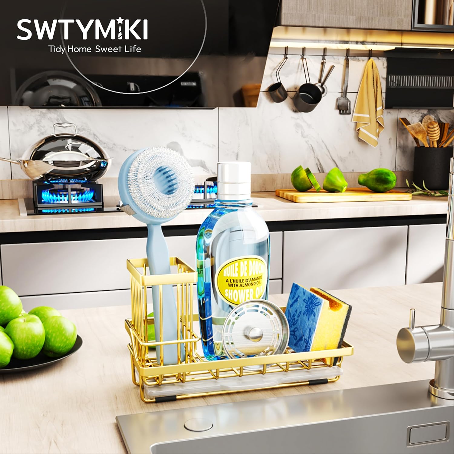 SWTYMIKI Sink Caddy Kitchen Sink Organizer with Detachable Brush Holder, Stainless Steel Sponge