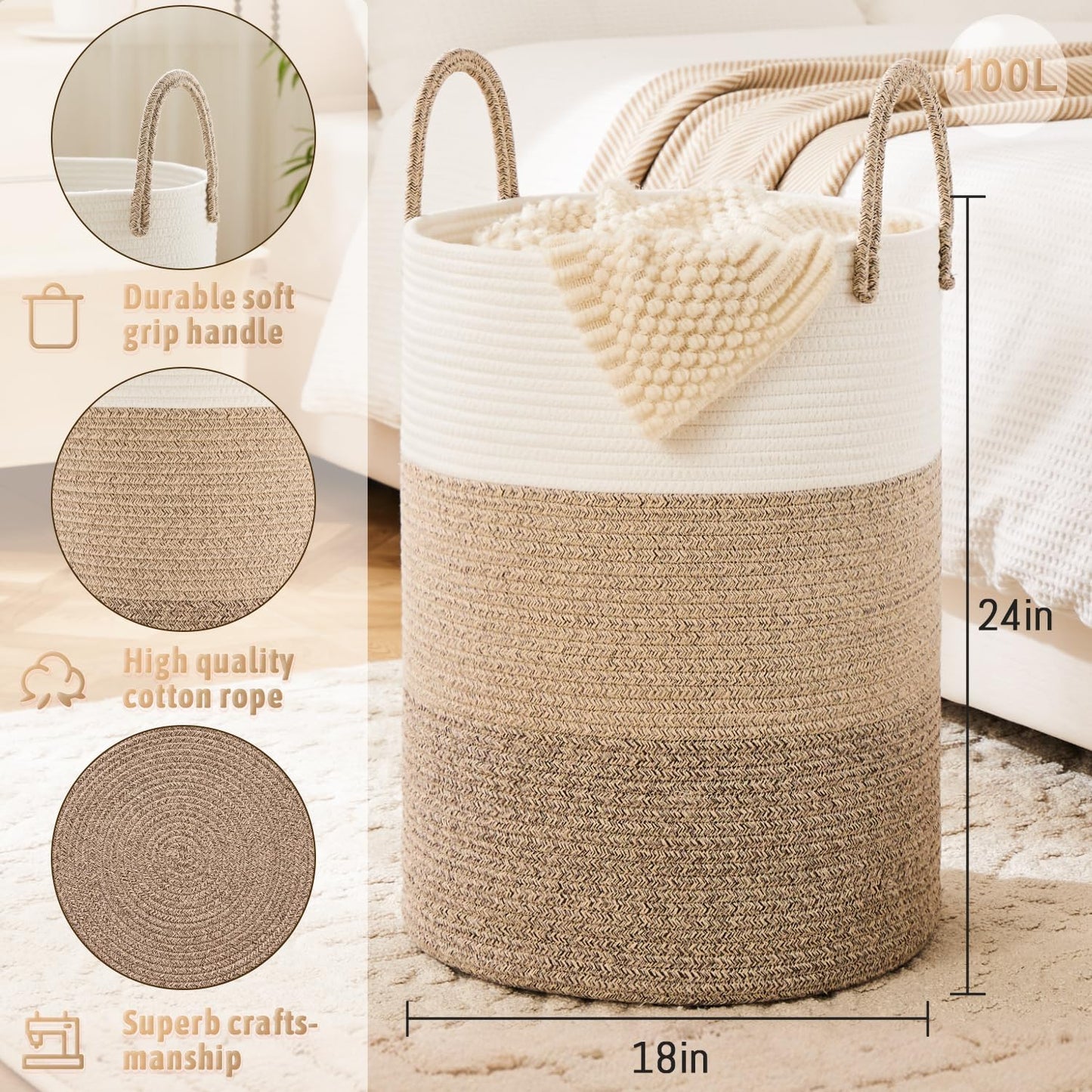 Laundry Basket,Woven Cotton Rope Laundry Hamper,100L for Decorative Storage of Dirty Clothes,Toys