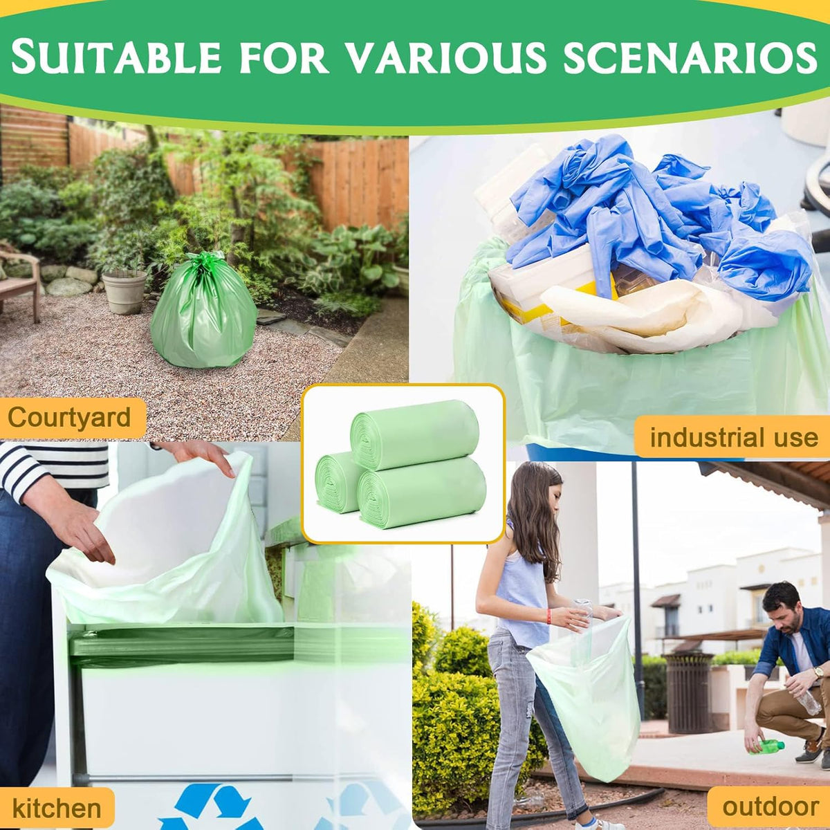 Biodegradable Compost Recycling Trash Bags, Compostable 13 Gallon Plastic Trash Bags For Kitchen